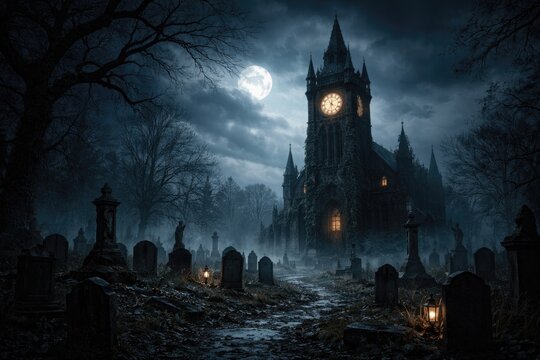 Spooky graveyard scene featuring an ancient clock tower under a midnight sky