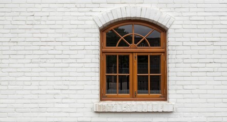 Fototapeta premium White brick wall showcasing a classic wooden arched window with clear glass and refined elegance