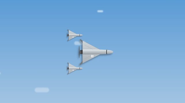 Space shuttle, three white space shuttles flying in formation against blue sky with clouds, Technology and transportation, symbolizing innovation and exploration