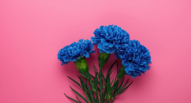 Vibrant blue carnation flowers blossoming completely against a bold pink backdrop for Mother's Day