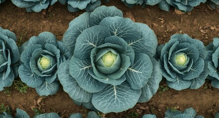 Fototapeta premium View from above of green cabbage crop thriving in garden waiting for harvest