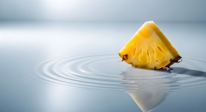 Satu irisan nanas segitiga diletakkan di atas permukaan air biru yang tenang dengan riak melingkar