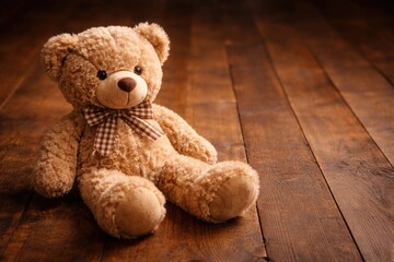 Obraz premium Cute teddy bear resting on wooden floor with ample copy space