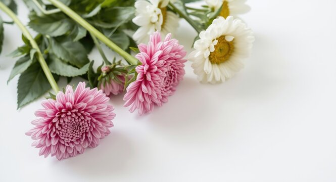 White surface displaying mini santini chrysanthemum alongside globosa craspedia blooms