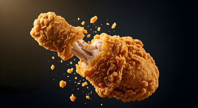 Detail makro paha ayam goreng yang ditarik memperlihatkan tekstur kulit renyah dan daging yang lembut