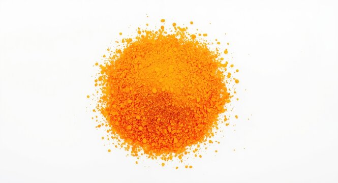 Orange masterbatch granules in mixed sizes accompanied by bright color chip on white background for plastic industry use