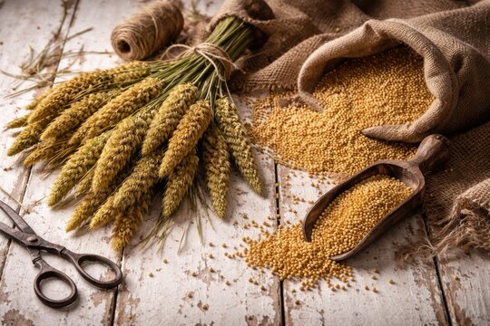 Rustic arrangement of wild foxtail millets on distressed white wood surface