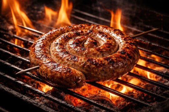 Grilled Spiral Sausage Cooking on Open Flame