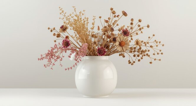 white glossy vase filled with dried flowers set against a neutral background