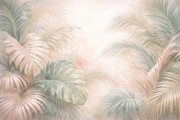 Obraz premium Mural design showcasing artistic palm leaves with a light pastel palette perfect for wallpaper