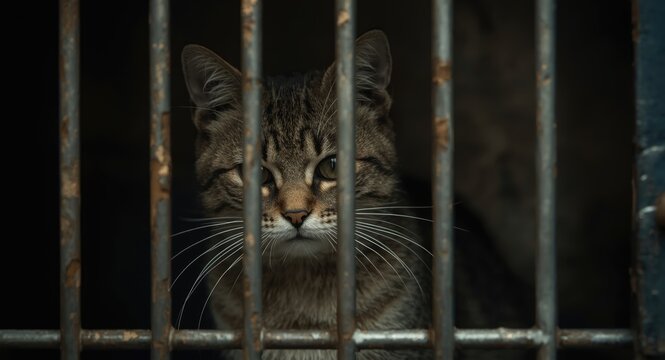 Isolated feline trapped inside a small enclosure showing emotions of loneliness and restraint