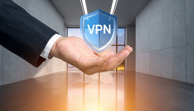 Hand presenting a VPN shield for secure internet access and privacy protection.