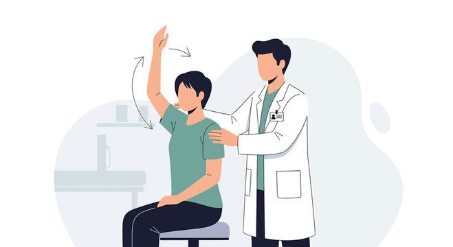 Physical therapist examining patient's shoulder range of motion during rehabilitation exercise