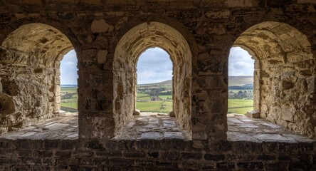 Fototapeta premium Three wide arched windows set in a rough stone wall inside a historic castle offering nature vistas