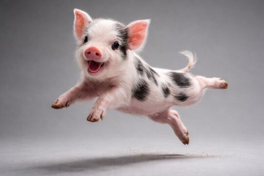 Playful mini piglet jumping and doing tricks on grey studio background