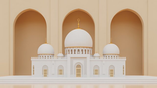 A high-angle aerial photograph showcases a white mosque with domes and arches in a serene environment