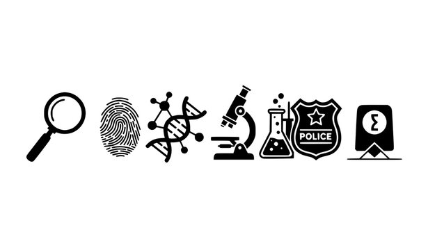 Forensic science icon set with magnifying glass fingerprint dna microscope flask badge and evidence markers isolated vector