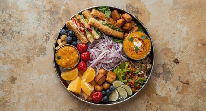 Vegetarian thali platter featuring fresh sandwiches vibrant fruits and assorted greens on textured surface for luxury lifestyle