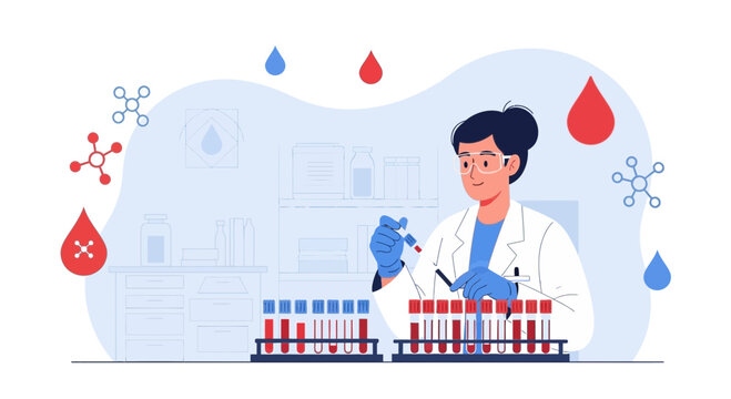 Scientist in Lab Coat Analyzing Blood Samples in Test Tubes for Medical Research