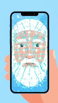 Flat vector data protection multi factor concepts. Hand holding smartphone showing calm senior man facial recognition biometric scan secure flat vector data protection multi factor authentication tech