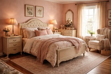 Fototapeta premium cozy bedroom interior featuring soft pink walls and vintage furniture