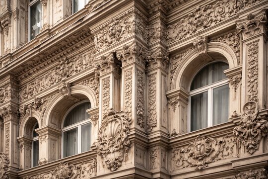 Intricate plasterwork and stucco textures on urban building walls with decorative patterned moldings