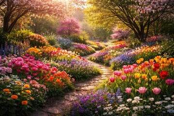 Obraz premium Stunning garden filled with vibrant spring flowers creating a breathtaking floral display in natural surroundings