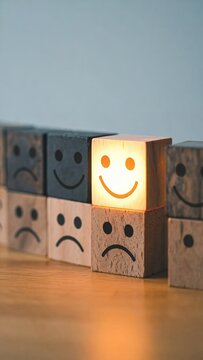 One glowing happy face block stands out among many sad and neutral faces, symbolizing positivity and uniqueness.