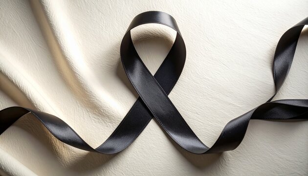 Black satin awareness ribbon on textured white fabric symbolizing grief, cancer awareness, and support campaign