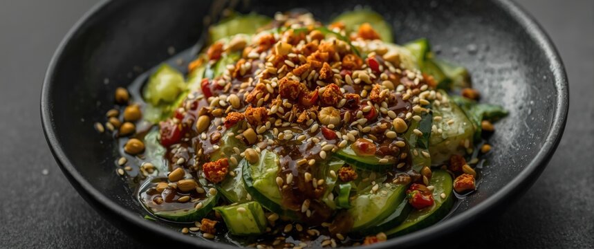 Soy sauce garlic dressing on smashed cucumber salad with chili flakes and sesame seeds