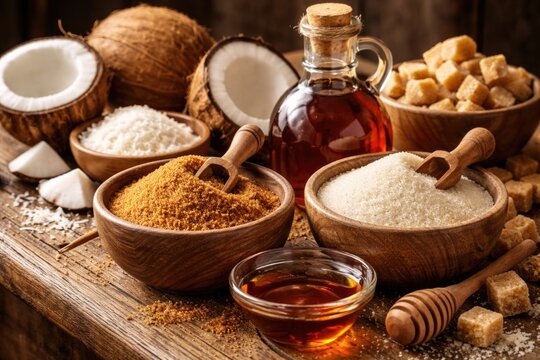 Assortment of natural sweeteners in bowls including coconut sugar refined cane sugar and maple syrup
