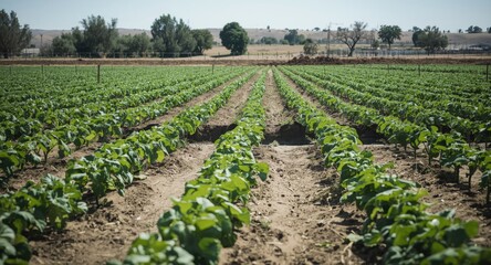 Obraz premium Irrigated potato crop growth in advanced agriculture field on arid land including copy space