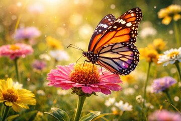 Obraz premium Colorful butterfly resting on a blooming flower in a sunny meadow