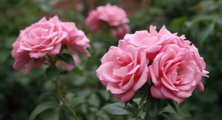 Obraz premium Pink rose blooms clustered on healthy garden rose bushes