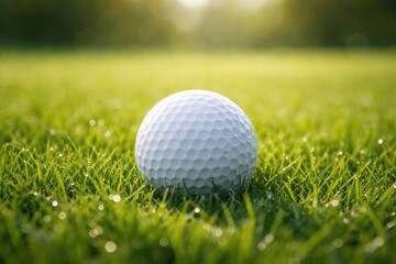 Fototapeta premium Close up of a golf ball sitting on vibrant green grass with vertical layout perfect for promotional text