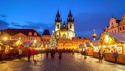 Obraz premium Prague Old Town Square Christmas Market at Dusk with Tyn Church.