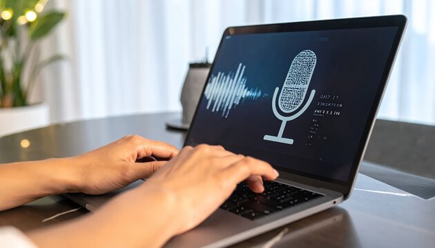 Person using laptop with voice recognition software, displaying a microphone icon and sound waves on the screen.
