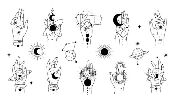 Cosmic aesthetic hands vector set &ndash; celestial witchcraft line art illustrations