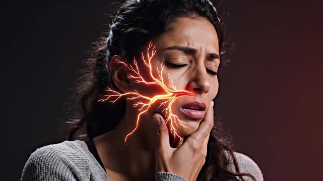 Middle Eastern Woman Experiencing Sharp Facial Pain with Glowing Orange Nerve Illustration