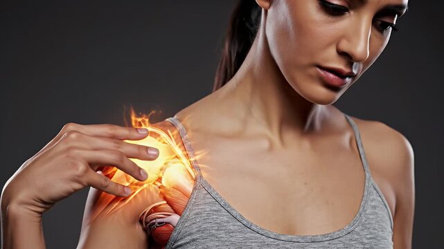 Middle Eastern Woman Experiencing Shoulder Pain with Glowing Inflammation and Discomfort in Soft Gray Top Against Dark Background