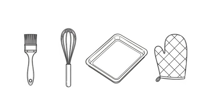 Baking Tools Set: Whisk, Brush, Baking Sheet, Oven Mitt - Isolated on White