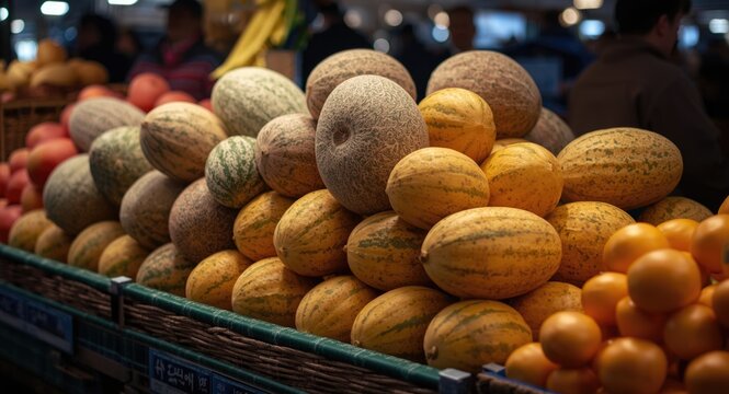 Sweet and ripe Cavaillon melon set at market stand with copy space
