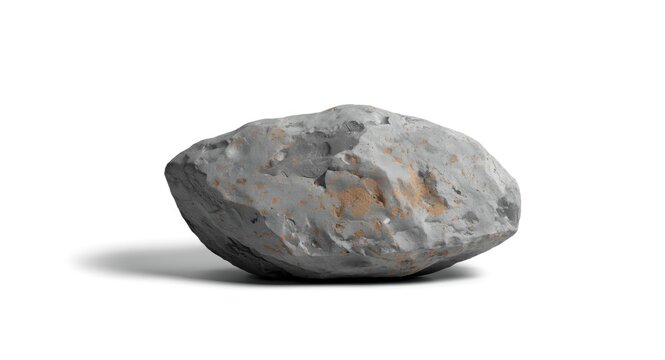 Solitary stone boulder highlighted on top to reveal indent textures against white backdrop
