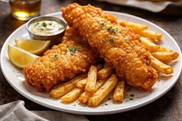 Fototapeta premium Golden battered fish fillets with crispy fries on a white plate