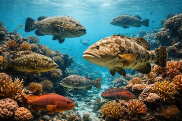 Fototapeta premium Groupers Swimming Among Vibrant Coral Reefs in Clear Water
