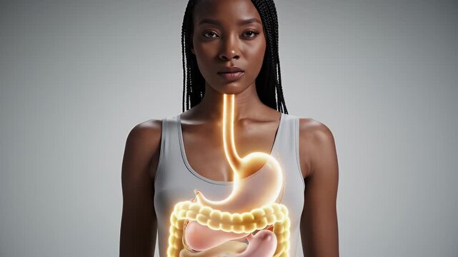 Mixed Race Female Model With Digestive System Overlay Medical Education Presentation Healthcare Awareness Corporate