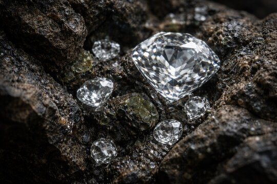 Close up of diamond crystals embedded in natural kimberlite rock formation