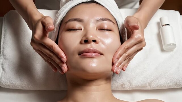 Overhead View Of Hands Gently Massaging Oiled Face Of Woman With Towel Wrapped Head In Bright Clean Spa Setting With Skincare Product Bottle Nearby