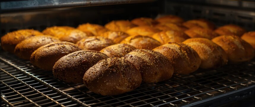 Freshly baked bread cooling after baking before packaging for delivery