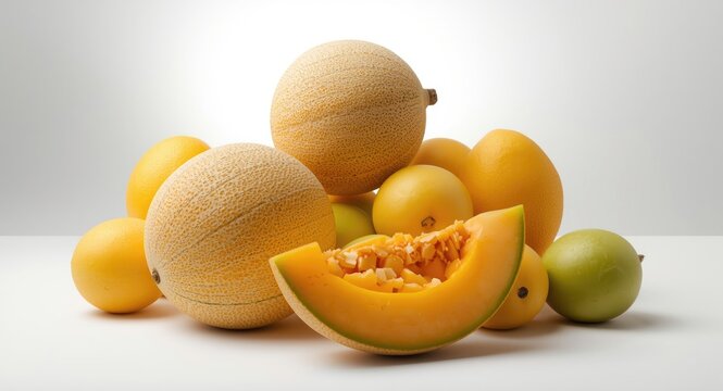 Sweet cantaloupes and fresh green melons isolated on white background